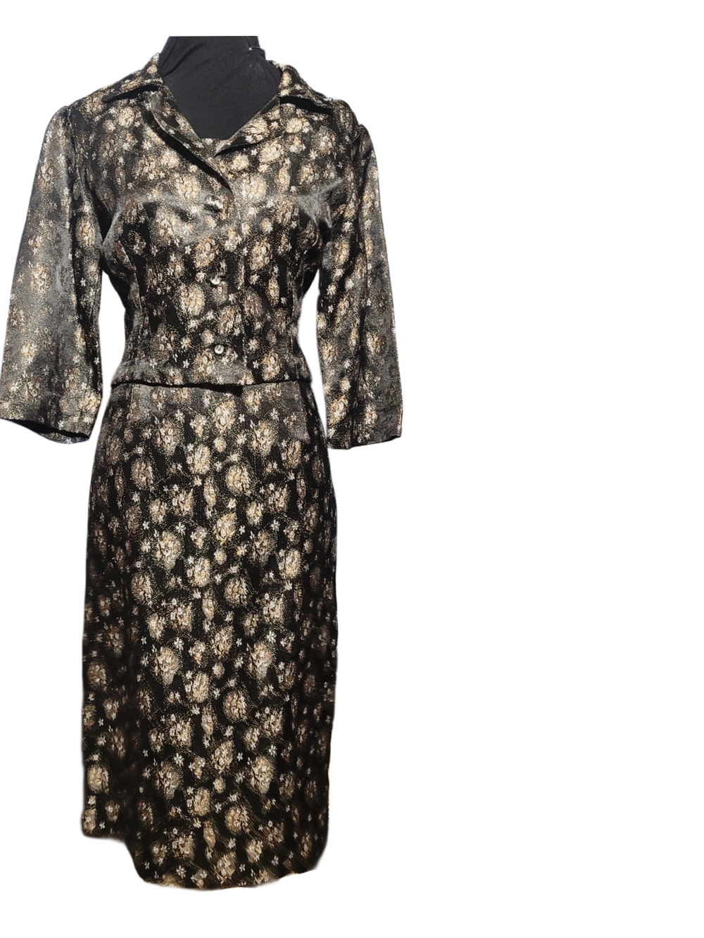 Vintage Black and Gold Metallic Floral Two-Piece Midi Dress Set - Picture 11 of 11